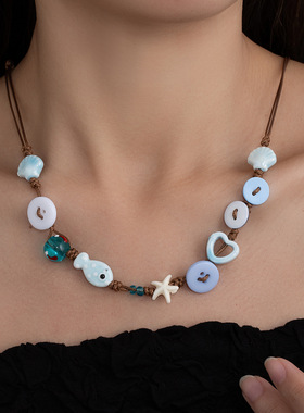 爱心纽扣串珠项链手链女小众设计感显白红色可爱百搭简约颈链饰品