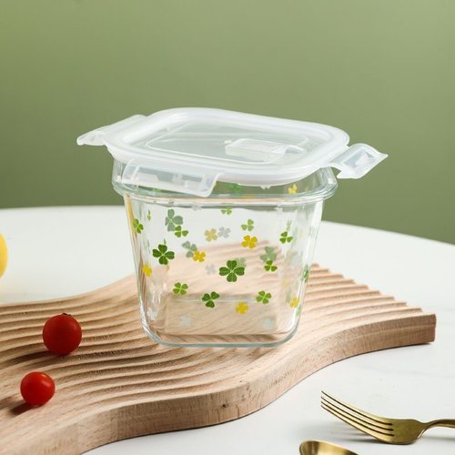 四叶草玻璃汤碗饭盒微波炉加热专用带盖水果方圆形密封保鲜盒
