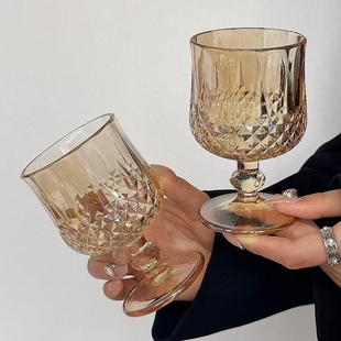酒红洋酒杯葡萄酒杯 4只琥珀高脚杯复古轻奢网红透明家用无铅欧式