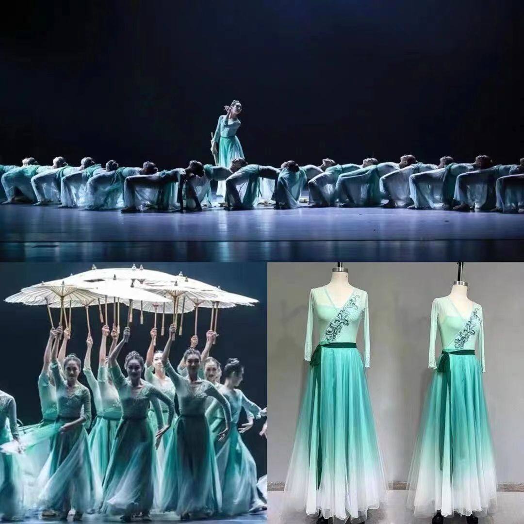 雨涧春行图舞蹈演出服古风舞台表演服群舞伞舞现代飘逸长裙歌伴舞