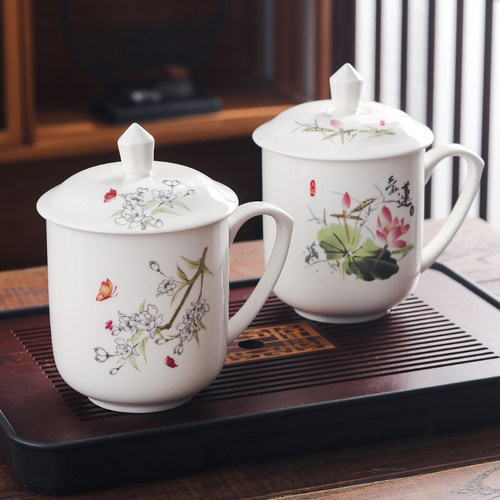 800ml大容量陶瓷茶杯带盖会议杯