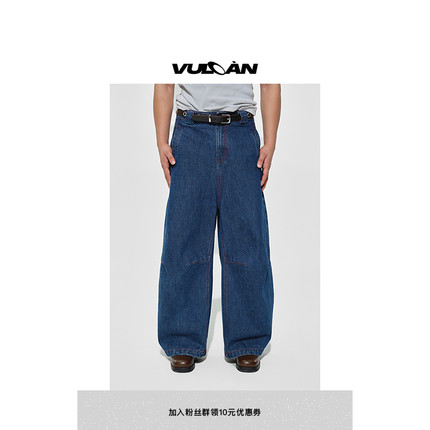 VULCA休闲耐磨水洗红线弯刀阔腿蓝色牛仔裤