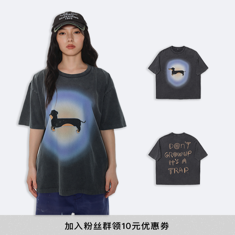 VULCAN腊肠印花字母印花美式vintage宽松春夏做旧水洗圆领短袖TEE
