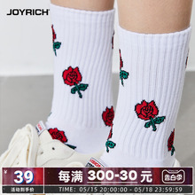 JOYRICH美式街头经典玫瑰满印提花中筒袜子双色男女年春夏新款