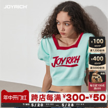 JOYRICH美式复古方领泡泡袖撞色字母短袖针织衫T恤24春夏新款女装