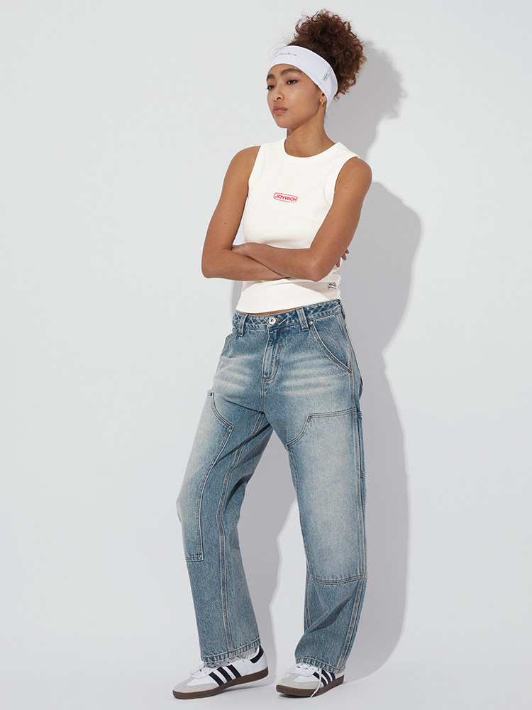 JOYRICH 2024 가을 겨울 같은 스타일 미국 복고풍 더블 무릎 작업복 남성과 여성을위한 스트레이트 루즈 캐주얼 데님 바지