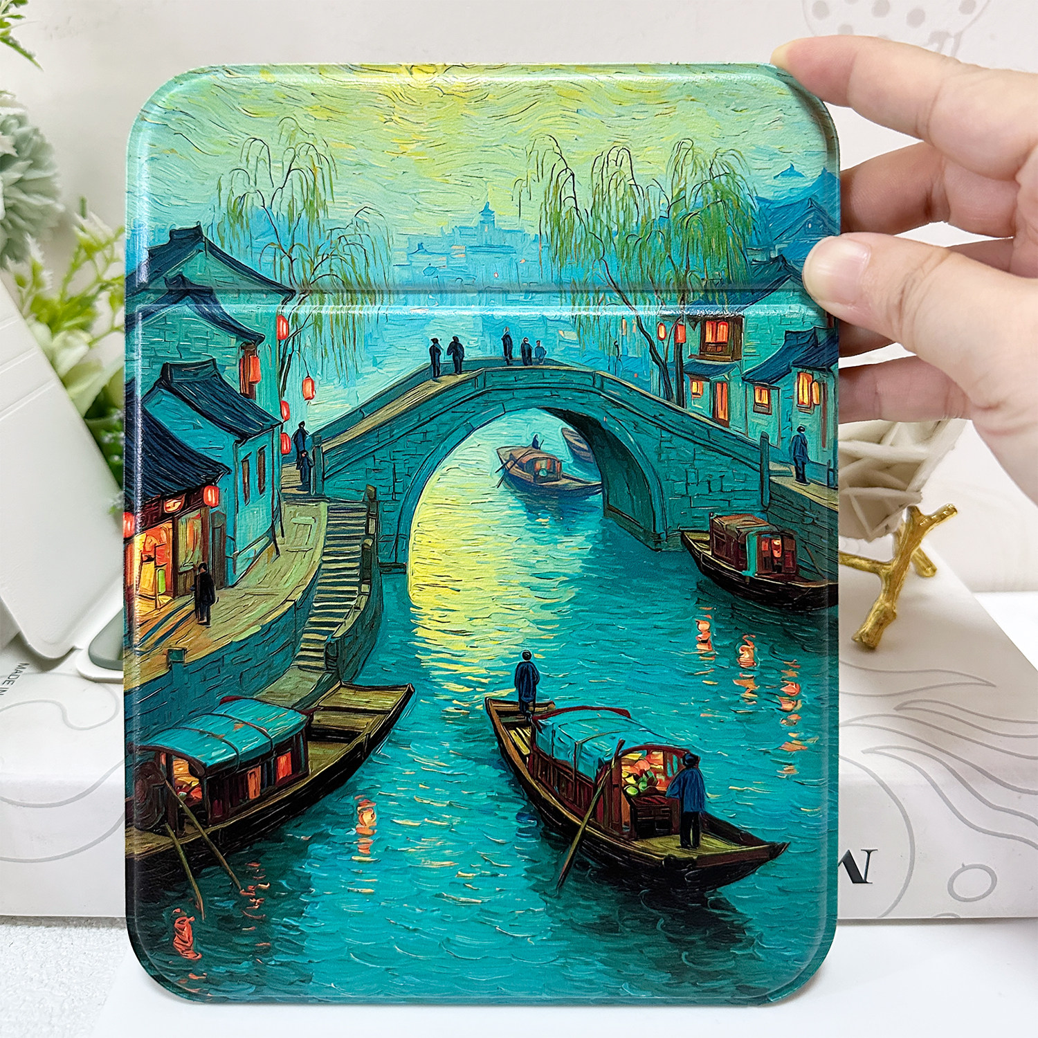 大号油画古风江南烟雨泛舟折叠镜2025新款化妆镜手持可爱学生宿舍