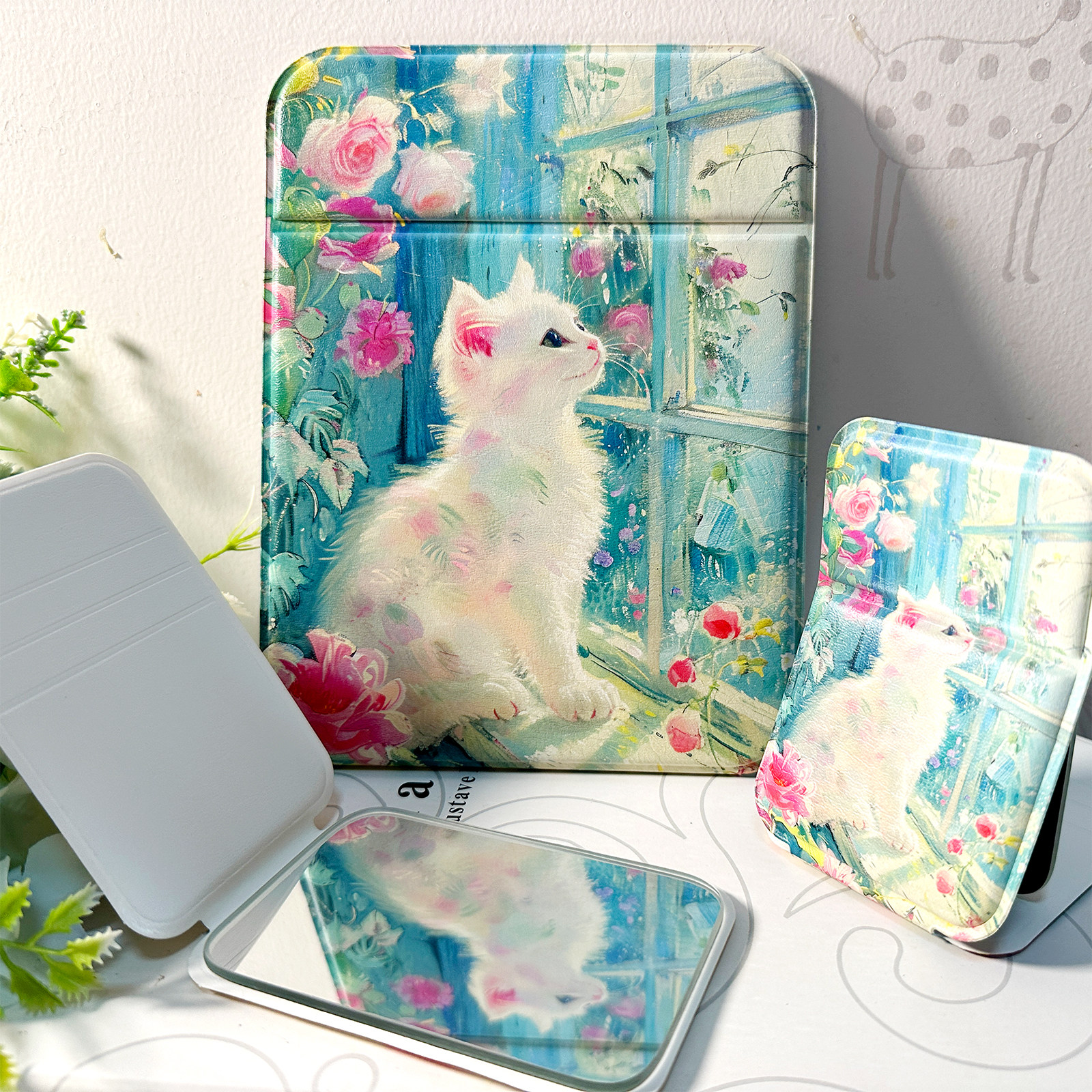 粉绿色ins治愈系小猫插画折叠镜