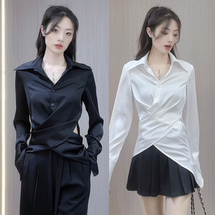 黑色缎面衬衣女收腰简约高级感法式宽松长袖上衣设计感V领衬衫
