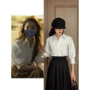 白色衬衫女玫瑰故事明星同款泡泡袖短袖上衣夏季宽松打底法式衬衣