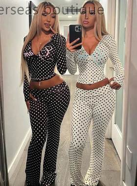 Wave Point Hoodie Pants Set波点字母印花露脐连帽衣长裤套装女