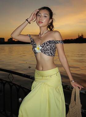 Leopard print sleeveless skirt set豹纹无袖背心低腰半身裙套装