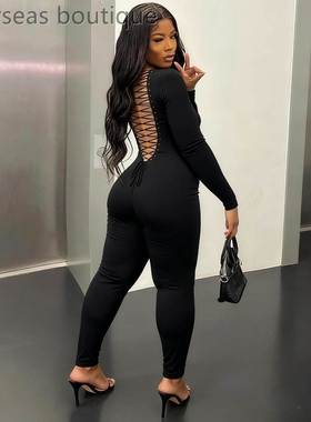 Strapped long sleeved hip lifting jumpsuit绑带长袖提臀连体裤