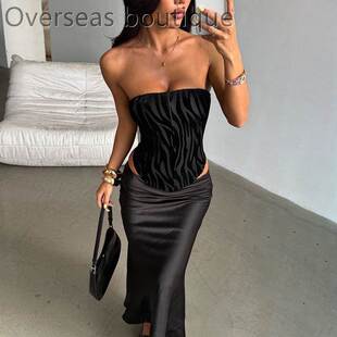 Hot girl strapless vest斑纹植绒束腰抹胸上衣修身辣妹抹胸背心