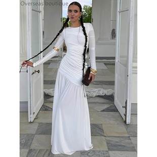 Round neck long sleeved dress for women压褶圆领长袖连衣裙女