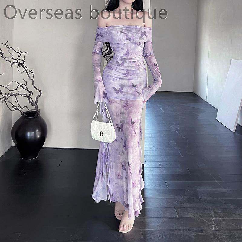 色印花礼服裙女御姐高级感露肩鱼