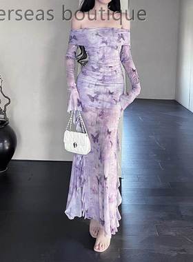 Formal dress fishtail skirt法式紫色印花礼服裙御感露肩鱼尾裙