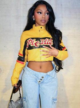 Color blocking short top jacket修身露脐绣花撞色短款上衣外套