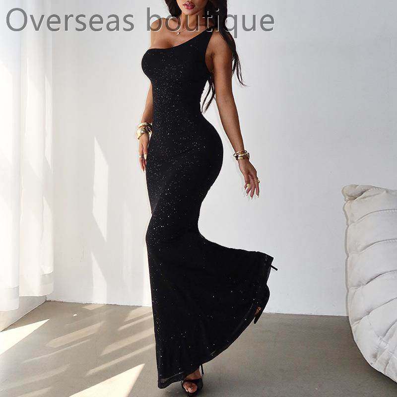 单肩露背细闪晚长裙辣妹连衣裙