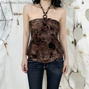 Top daily outfit小众印染花纹抹胸小背心挂脖系带上衣日常穿搭女