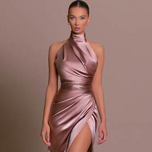 dress挂脖无袖 slimming 开叉礼服连衣裙立领长裙 slit Sleeveless