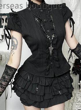 Black fungus spliced top for women短袖肌理衬衫木耳拼接上衣