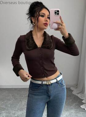 女omen's short long sleeved fur collar上衣毛领修身短款长袖女
