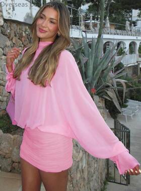 Chiffon patchwork pleated long sleeved dress雪纺长袖连衣裙女