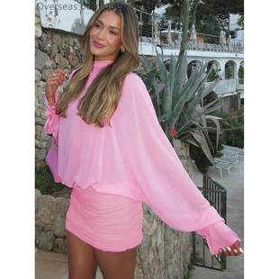 Chiffon patchwork pleated long sleeved dress雪纺长袖连衣裙女