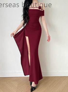 Evening gown long skirt一字肩开叉红色晚礼服裙高级感宴会长裙