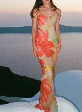 Camisole dress fishtail skirt印花绑带小镂空吊带连衣裙鱼尾裙