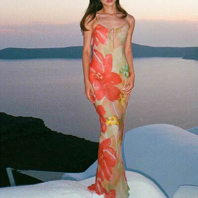 绑带小镂空吊带连衣裙鱼尾裙