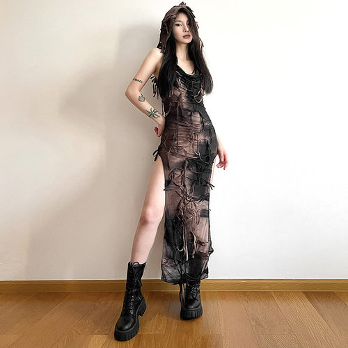 纯色修身U领无袖开叉连衣裙