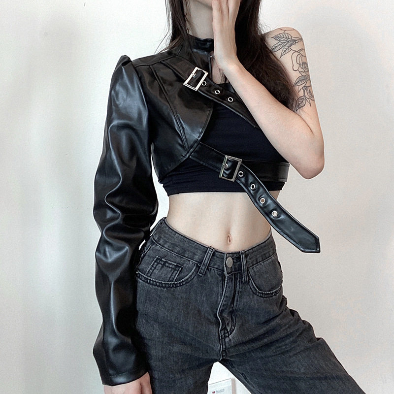 街头帅气单肩长袖短款露脐PU皮上衣女 One shoulder leather coat