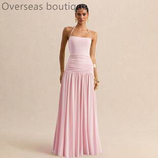 Slimming pleated dress挂脖系带露背吊带收腰显瘦抽褶连衣裙女