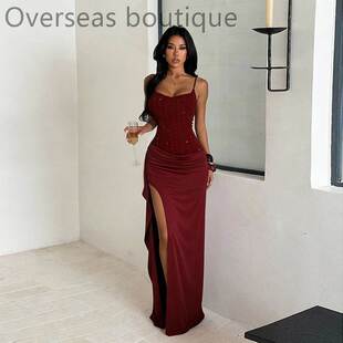Split party dress dress for women吊带肌理开叉聚会礼服连衣裙