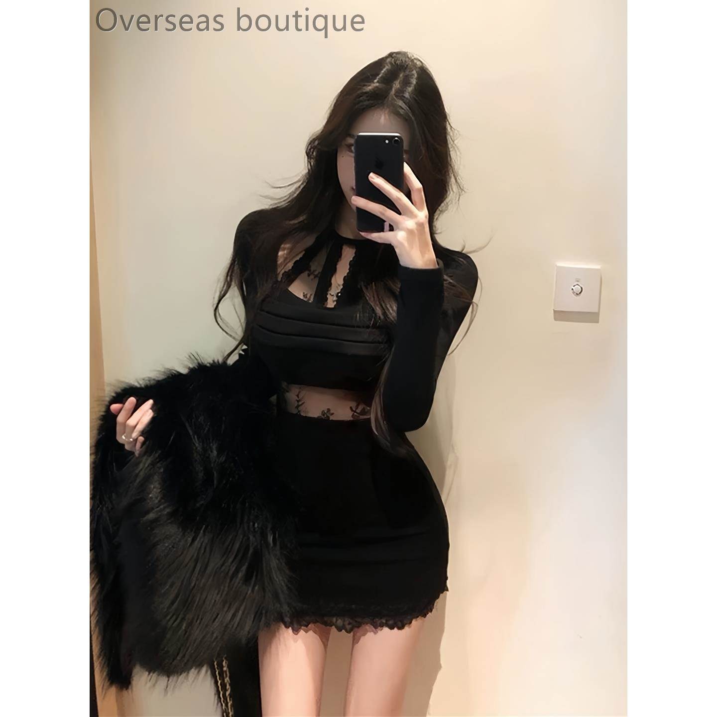 18蕾丝拼接挂脖连衣裙女打底裙