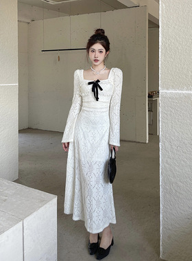White patchwork lace dress白色拼接蕾丝连衣裙温柔淑女中长裙女