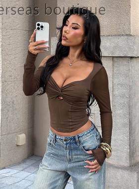 Twisted off shoulder waist tied T-shirt扭结露肩长袖上衣束腰