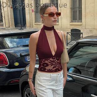 Splicing deep neck strap vest蕾丝抹胸上衣拼接深挂脖系带背心