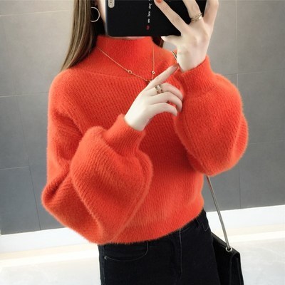 Mink sweater for womens loose and versatile, small short with thickened high collar pullover, winter bubble sleeve with skirt short high waist