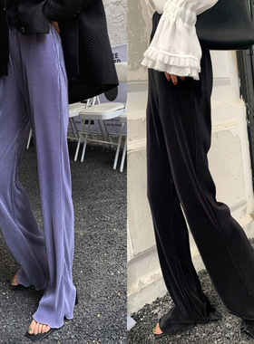 LAMBO】3米腿长！金属光泽 百褶波浪边 微锥形 蓝色流光阔腿长裤