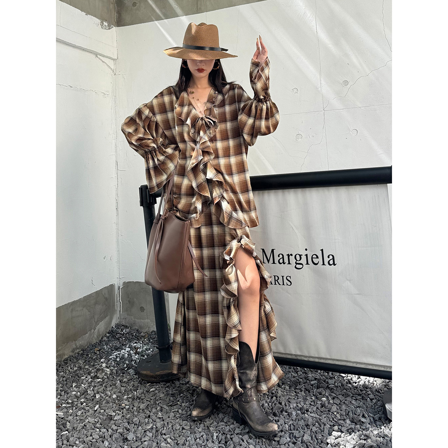 复古焦糖美拉德格纹套装