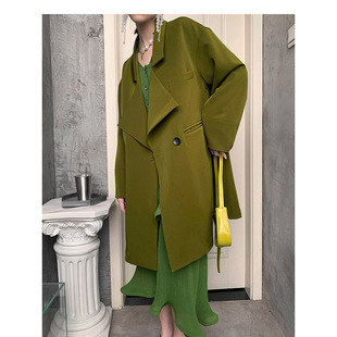 【LAMBO】特种浆洗光感 牛油果绿 黑色 双排扣翻领长西服西装外套