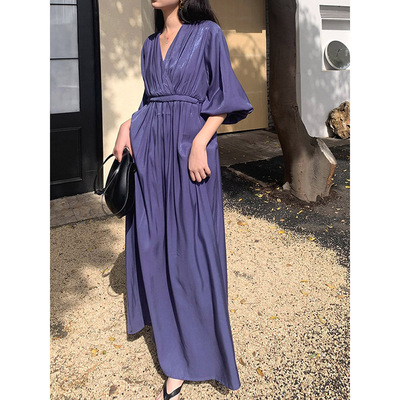 法式复古油画人鱼光泽超长连衣裙