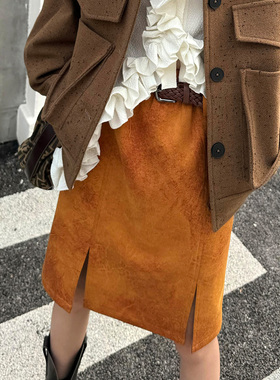 【LAMBO特】美拉德特种乱纹复合麂皮绒/水洗仿真皮pu开衩半身中裙