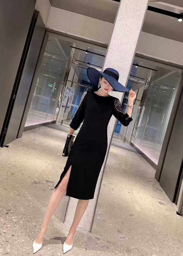 20秋冬新款亮片拼接名媛气质连衣裙修身显瘦礼服裙年会场合裙