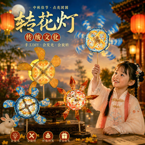 中秋节马年转花灯笼手工diy材料diy花灯儿童手提发光风车灯笼礼物