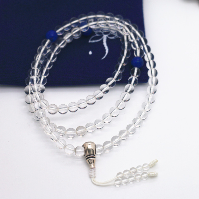 天然净体白水晶手链108颗念珠多圈6mm配青金石银三通活口现货正品