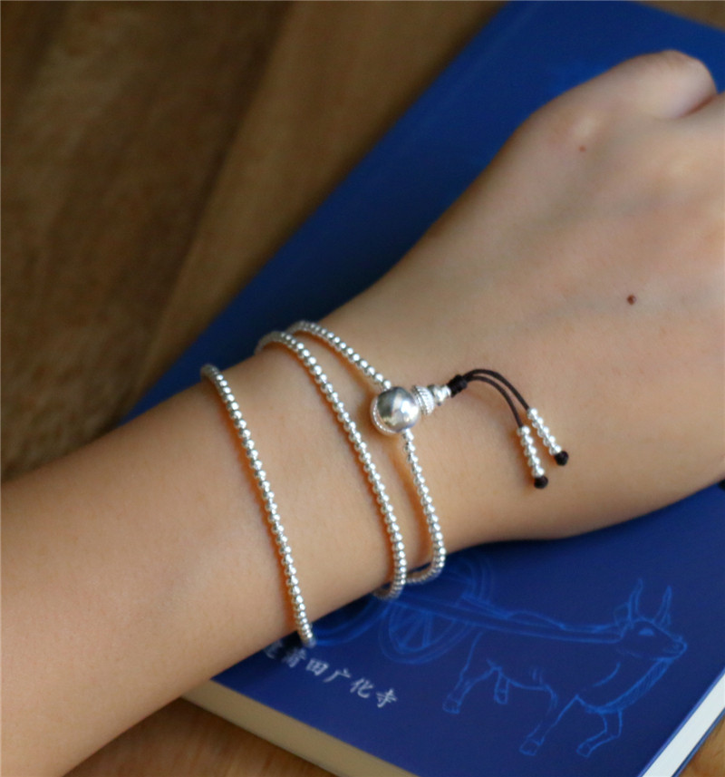 七玲珑S925国际标准纯银迷你秀气款女士带三圈带佛头手链手工串珠